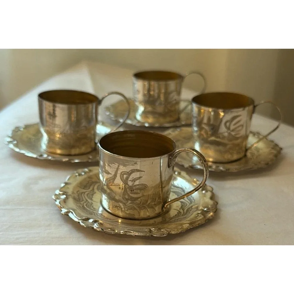 Vintage Tea Glass Holder and Saucer Set of 4 Silver Tone Etched Floral Ornate